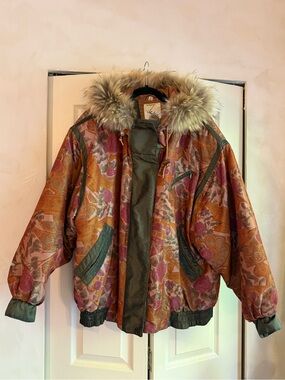 Floral Paisley Bomber Jacket with Real Fur Hood - Multi